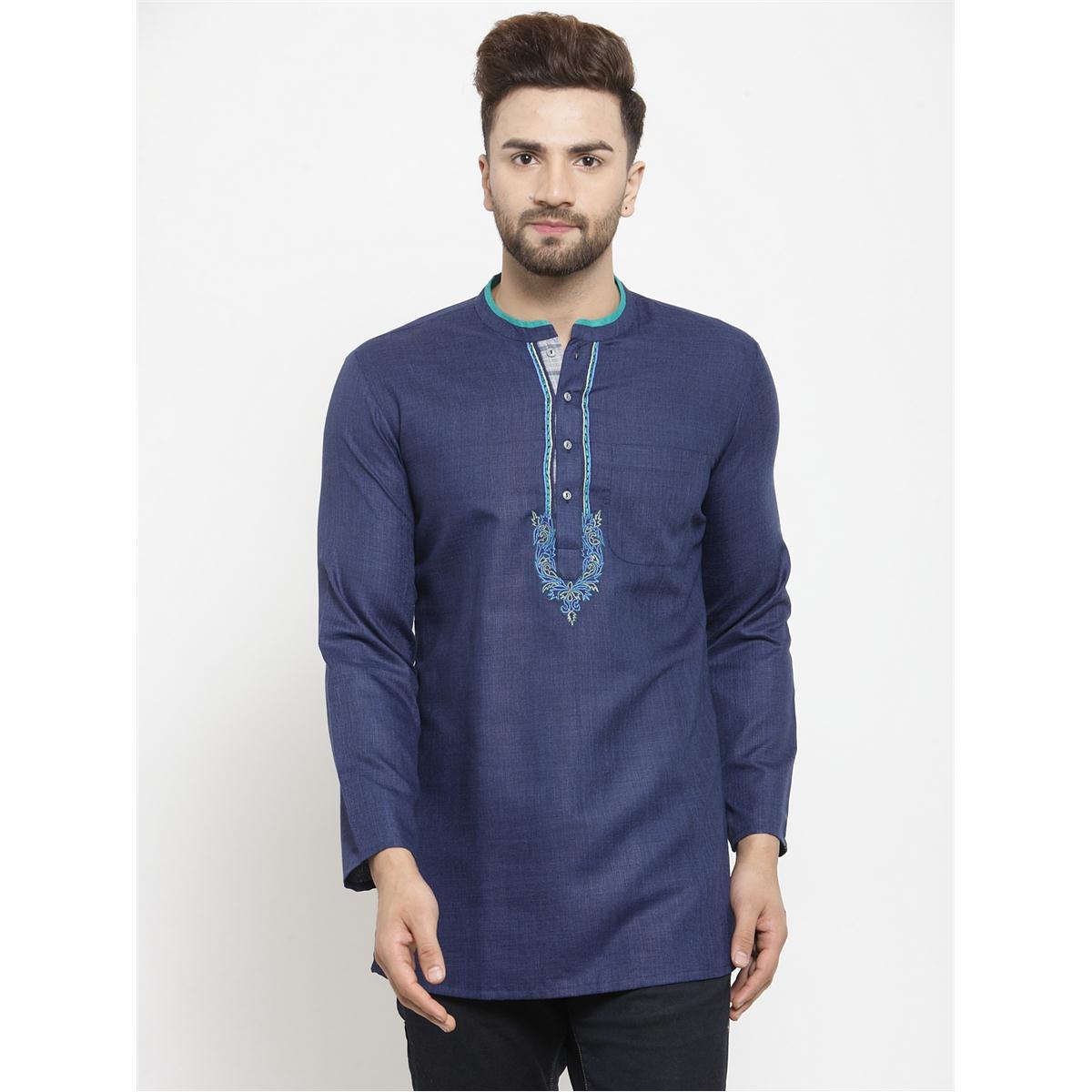 Arch Elements MenS Cotton Designer Short Kurta With Embroidery (Blue)