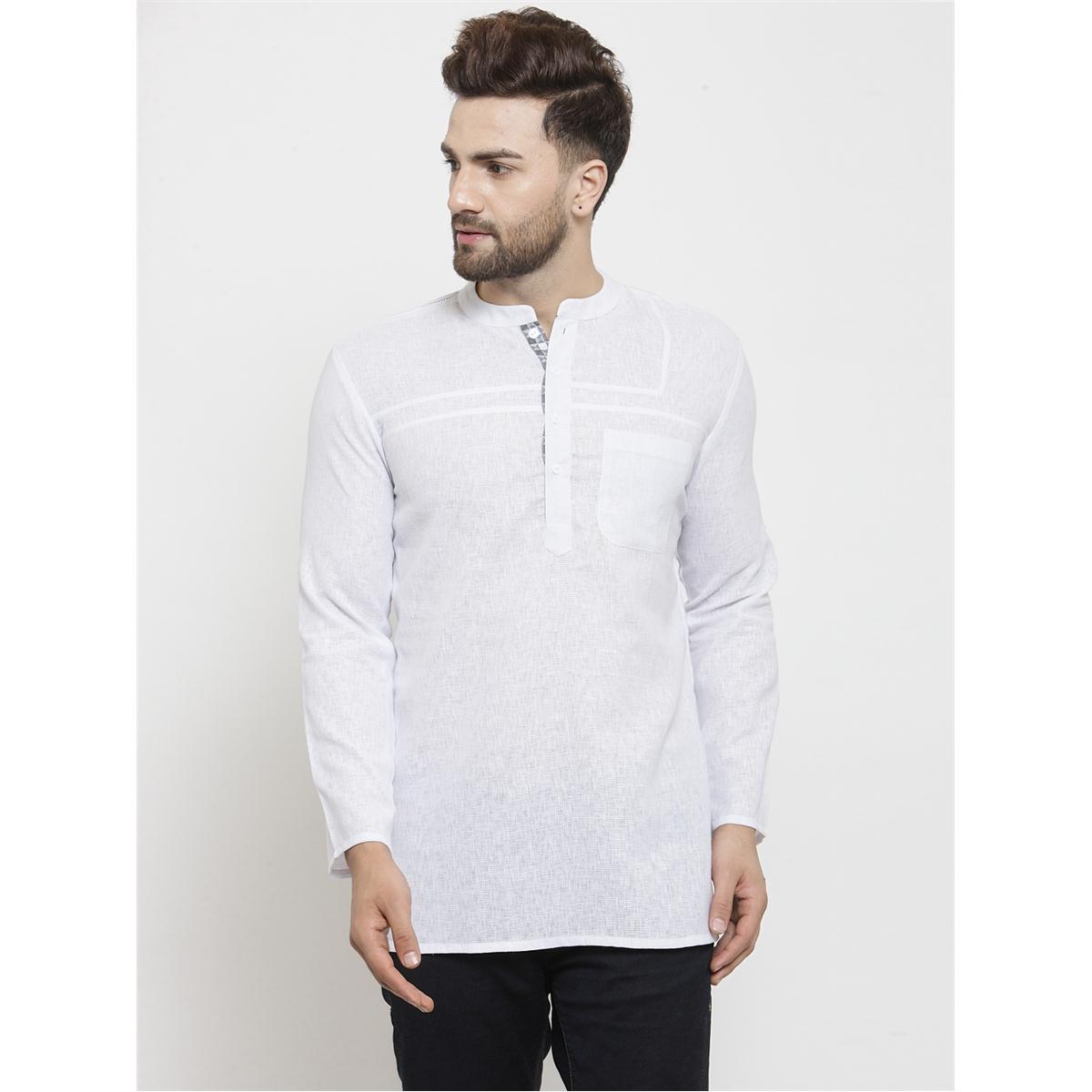 Arch Elements MenS Cotton Designer Short Kurta With Embroidery(White)