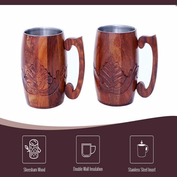 WOODEN STEEL INNER COFFEE MUG-CARVING-SET OF 2