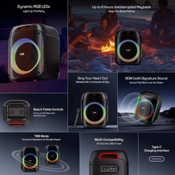 Boat PartyPal 220 Bluetooth Party Speaker w/ 80 W Signature Sound, RGB LEDs, Up to 6 hrs Playback, BT v5.3, AUX & USB Port, Wire