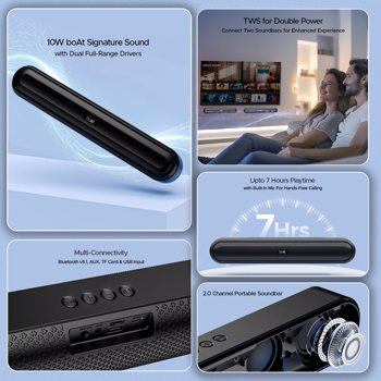 Boat Aavante Bar 490 Bluetooth Soundbar 10W RMS Signature Sound,2.0 Channel,BTv5.1,Dual Full-Range Drivers, AUX, TF Card, USB, U