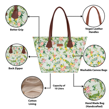 Chipmank Fancy Designer Large Canvas Tote Bag (White And Green Floral Print)