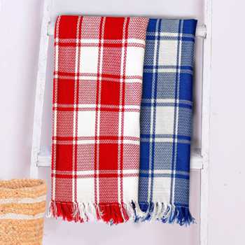 Lushhome Dobby Checks Bath Towel With Fringes (Pack Of 2)  Red + Blue