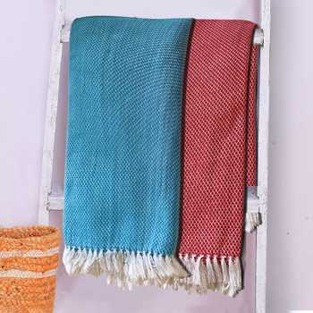 Lushhome Dobby Checks Bath Towel With Fringes (Pack Of 2)  Blue + Maroon