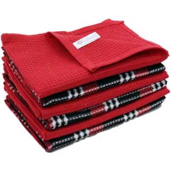 Lushhome Waffle Weave Yarn Dyed Checks & Solid Kitchen Towel Red + Black   (AA-COKTP6-1016)