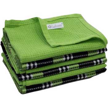 Lushhome Waffle Weave Yarn Dyed Checks & Solid Kitchen Towel Green + Black   (AA-COKTP6-1018)