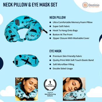 Destinio Neck Pillow N Eye Mask Set (Printed Blue Travel Icons)