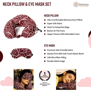 Destinio Neck Pillow N Eye Mask Set (Printed Maroon Stamps)
