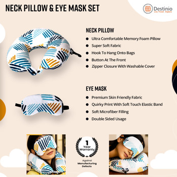 Destinio Neck Pillow N Eye Mask Set (Printed White Geometric Lines)