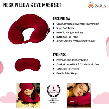 Destinio Neck Pillow N Eye Mask Set (Solid Red)