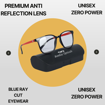 BM Optical Blueraycut Unisex Zero Power Spectacles-Black And Red (BLR23)