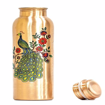 King Craft Peacock Printed Pure Copper Water Bottle 950Ml