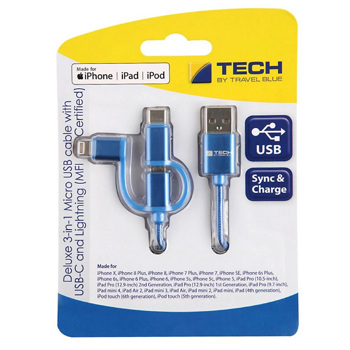 Travel Blue Deluxe 3 In 1 Micro Usb Cable With Usb C And Lightning - GS_23813