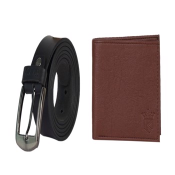 Kavsun Combo Of Men Genuine Leather Black Belt And Leatherite Wallet (KVBLBT_W120)