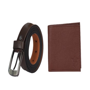 Kavsun Combo Of Men Genuine Leather Brown Belt And Leatherite Wallet (KVBRBT_W120)