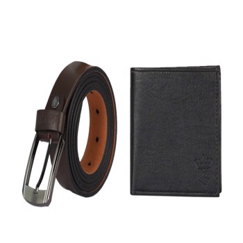 Kavsun Combo Of Men Genuine Leather Brown Belt And Leatherite Wallet (KVBRBT_W121)