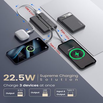 Portronics(POR 2260)Luxcell Bind Mini 10k 10000mAh Powerbank with 22.5W Fast Charging,In-Built Type C PD(Input & Output) /8 Pin 