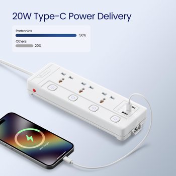 Portronics(POR 2569)Power Plate 18 Extension Board with 3 Universal Power Sockets, 1500 Watts, 3 Meter Long Heavy-Duty Cord, USB