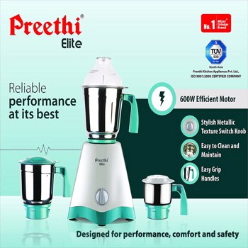 Preethi Elite 600 W Mixer Grinder (3 Jars, white/green)