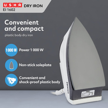 Usha EI 1602 1000 Watts Non Stick Soleplate Light Weight Dry Iron