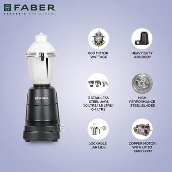 Faber 600 Watt FMG Vouge Mixer Grinder Nero With 3 Jar