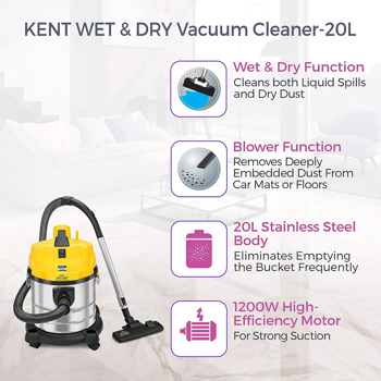 KENT 1200 Watt 20L Stainless Steel Body Wet and Dry Vacuum Cleaner-KSL612