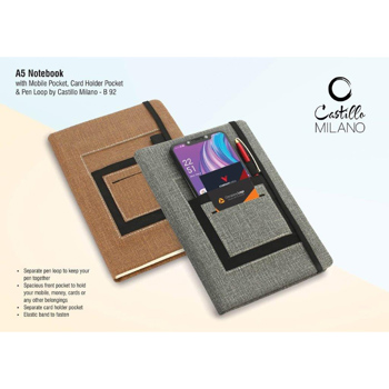 Castillo Milano A5 Notebook With Mobile Pocket Card Holder Pocket & Pen Loop