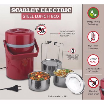 Power Plus H293 Scarlet Electric Lunch Box 3 Stainless Steel Containers with Lifter