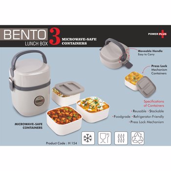 Power Plus H154 Bento Travel Lunch Box With 3 Plastic Containers Grey