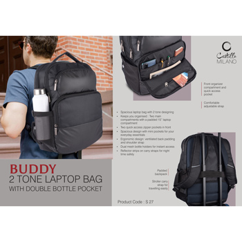 Castillo Milano Buddy 2 Tone Laptop Bag With Double Bottle Pocket Front Organizer Compartment Backpack