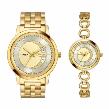 Timex White Round Dial Analog Champagne Pair Watch TW00ZR029