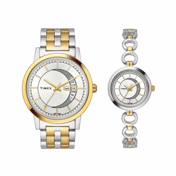 Timex White And Gold Round Dial Analog Pair Watch TW00ZRPR05