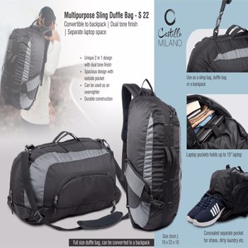 Castillo Milano Multipurpose Sling Duffle Bag Convertible To Backpack Dual Tone Finish Separate Lapt