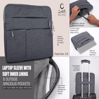 Castillo Milano Laptop Sleeve With Soft Inner Lining 6 Outside Spacious Pockets