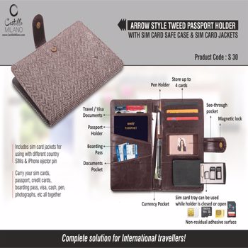 Castillo Milano Arrow Style Tweed Passport Holder With Sim Card Safe Case & Sim Card