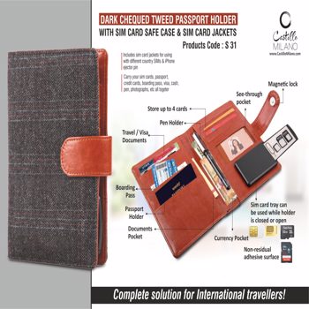 Castillo Milano Dark Chequed Tweed Passport Holder With Sim Card Safe Case