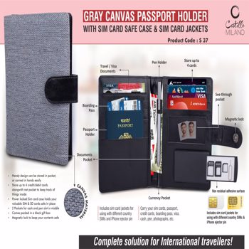 Castillo Milano Gray Canvas Passport Holder With Sim Card Safe Case