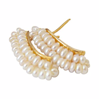Off-White Freshwater Pearl and Gold Plated Bali Earrings for Women (SE311)