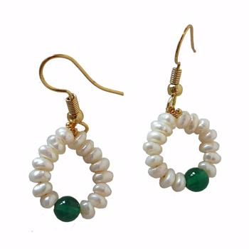 Dangling Circular Green Onyx Beads, Freshwater Pearl and Gold Plated Wire Style Earrings(SE384)