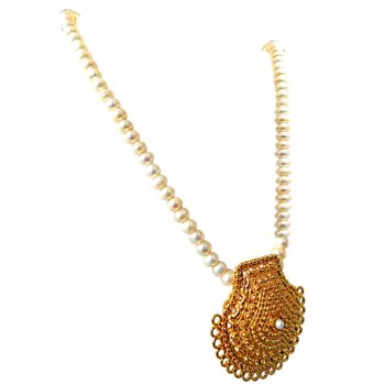 My Sunshine Gold Plated Pendant & Single Line Real Pearl Necklace with Kuda Jodi Earrings for Women