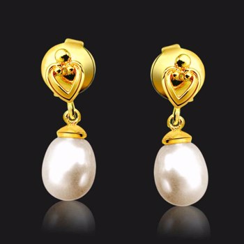 Lovable Pearly Pair - Heart Designed Drop Shape Real Pearl & Silver Gold Plated Hanging Earrings for