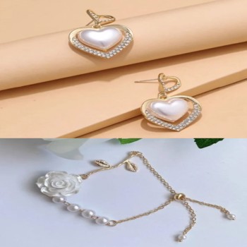 Heart Pearl Earring & White Rose Bracelet - YS123