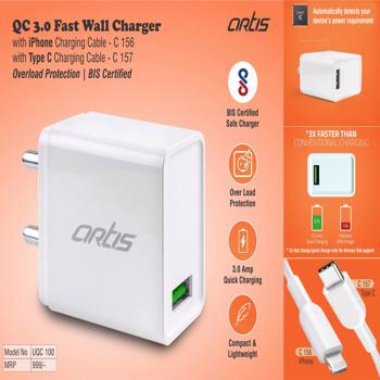 Artis Qc 3.0 Fast Wall Charger With Iphone Charging Cable Overload Protection  (C156)