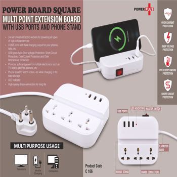 Power Plus Power Board Square Multi Point Extension Board With Usb Ports And Phone Stand