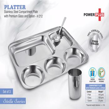 Power Plus Platter Stainless Steel Compartment Plate With Premium Glass And Spoon Set Of 3