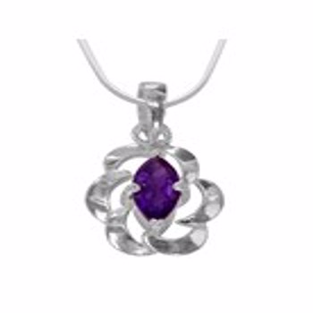 Marquise Shaped Purple Amethyst & Sterling Silver Pendant with Chain